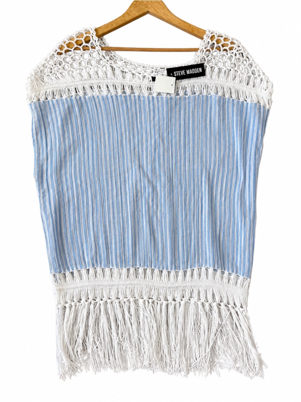 Steve Madden Blue Striped Crochet Fringe Swim Coverup OSFM, NWT
